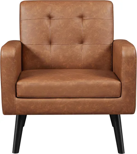 Miniatura 11 de Topeakmart Silla decorativa de mediados de siglo, moderna y acogedora silla de sofá de piel sintética con cojín grueso y patas de madera resistentes
