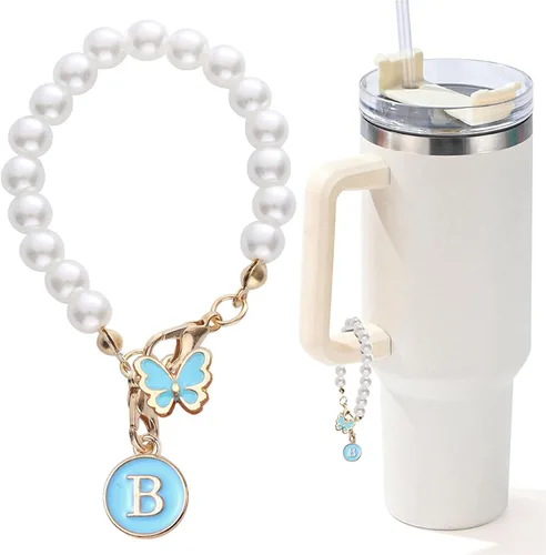 Miniatura 24 de Encanto de letra para Copa Stanley, accesorios de cadena de perlas, encantos de iniciales de Copa Stanley para asa, decoración de botella de agua