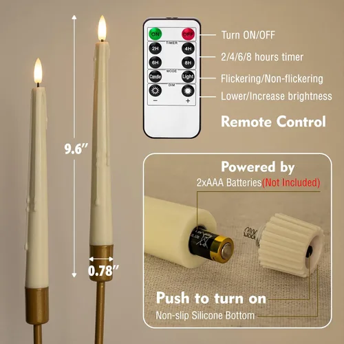 Miniatura 4 de Velas LED cónicas sin llama de cera real con control remoto, mecha 3D parpadeante de 9.6 pulgadas, funciona con pilas, goteo de cera, juego de 2