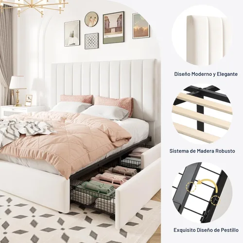 Miniatura 6 de Allewie Base de cama de almacenamiento tamaño completo, cabecera ajustable con canal vertical acolchado, plataforma tapizada de terciopelo con 4