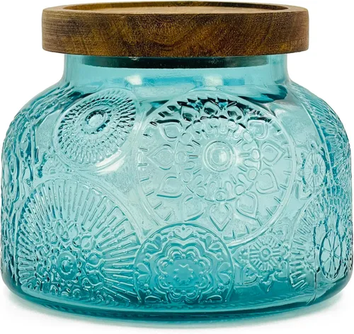 Miniatura 9 de Tarro decorativo de vidrio azul con tapa de madera hermética de 25.4 onzas, 2 piezas, boca ancha, recipientes de almacenamiento de alimentos