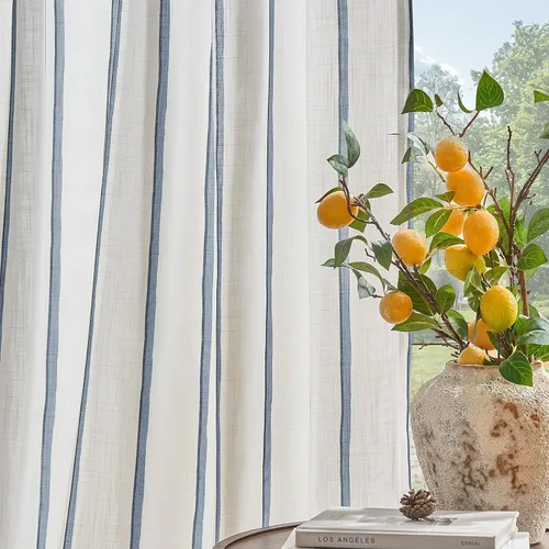 Miniatura 23 de Vangao Cortinas de lino a rayas para sala de estar, dormitorio, casa rural con estampado de rayas de tictac, cortinas impresas con ojales