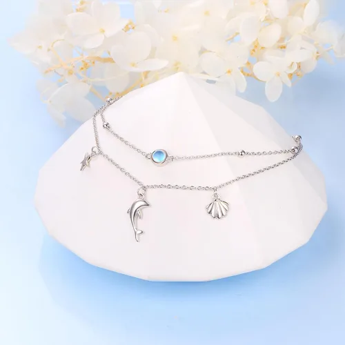 Miniatura 2 de FLYOW - Cadena para el tobillo para mujeres, plata Sterling S925, ajustable, con cuentas, diseño de corazón