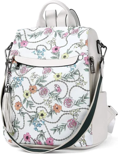 Miniatura 7 de Bromen - Mochila tipo bolso de mano de piel antirrobo para mujer a la moda, Beige floral, L