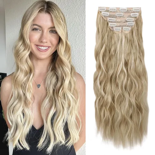 Miniatura 14 de WECAN Extensión de cabello con clip, de 20 pulgadas, mezcla de rubio ceniza y rubio decolorado, 6 piezas, extensiones de cabello largo ondulado