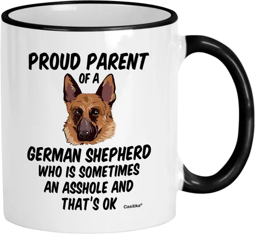Casitika Regalos de pastor alemán. Taza de café Shepard de 11 onzas. Orgulloso padre de un pastor alemán que a veces es un agujero y está bien.