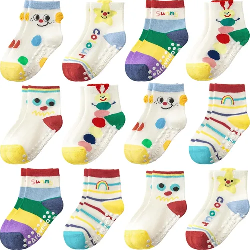 Miniatura 18 de Calcetines con Agarre Antideslizantes de Algodón para Bebés y Niños Pequeños, Niños y Niñas, Paquete de 12 Calcetines de Tobillo Lindos para Niños