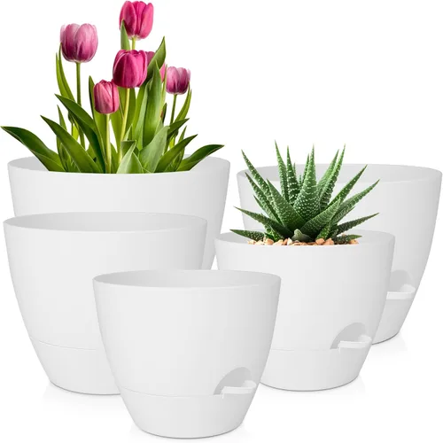 Miniatura 9 de QRRICA Macetas para Plantas de 8/7/6.5/6/5.5/5 Pulgadas con Autoriego, Juego de 6 Macetas de Plástico con Agujeros de Drenaje y Platillos, Macetas