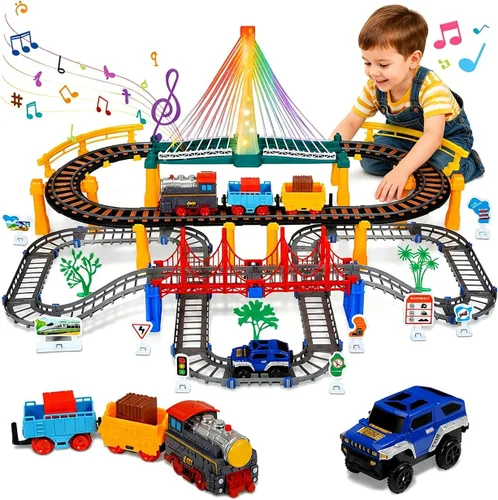 Juego de tren eléctrico para niños de 5 a 8 años, 2 en 1, pistas de doble capa con puente iluminado y sonidos realistas, juguete de construcción