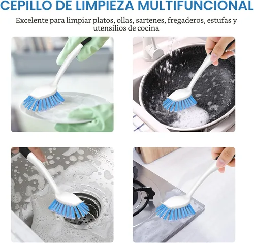 Miniatura 6 de SetSail Cepillo de platos con asa, paquete de 2 cepillos de cerdas rígidas con raspador integrado para limpiar platos, ollas y sartenes, fregadero