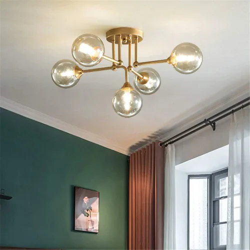 Miniatura 3 de RUNNUP Esfera de cristal transparente semi empotrada iluminación moderna 5 luces cerca de la lámpara de techo para dormitorio, pasillo, cocina y Oro