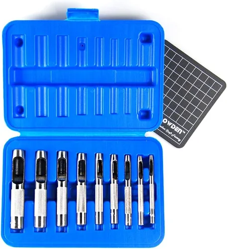 OWDEN Juego de punzones huecos de 9 piezas (1/8"-1/2") con una alfombrilla de corte gratis, juego de punzones de cuero