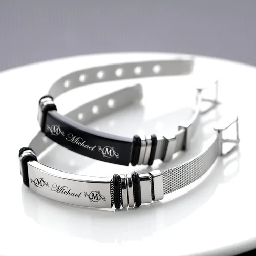 Miniatura 5 de Regalos para hombres, pulseras personalizadas para hombres con pulsera de fotos, texto grabado, acero inoxidable, pulseras de identificación