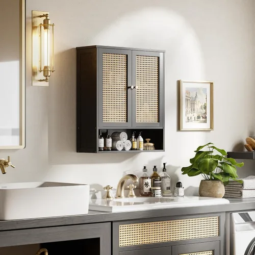 Miniatura 2 de HITNET Gabinete de baño montado en la pared, gabinete colgante de ratán, gabinete de pared de baño que ahorra espacio con 2 puertas y estantes Negro