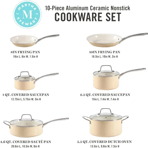 Miniatura 2 de Martha Stewart Lockton Premium - Juego de ollas y sartenes de aluminio antiadherente de alta calidad, sin PFA, 10 piezas, esmaltado, color crema