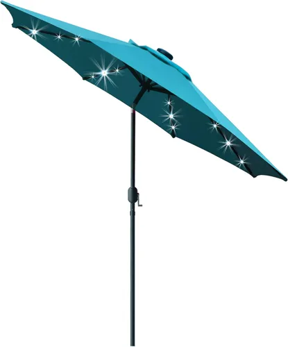 Sunnyglade Sombrilla de patio con luz LED solar de 9 pies con 8 varillas/ajuste de inclinación y sistema de elevación de manivela (azul turquesa)