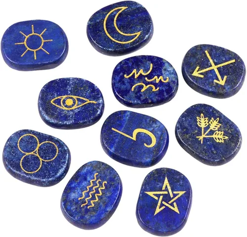 Miniatura 3 de Rockcloud Juego de runas de brujas de cristal curativo Lapislázuli, símbolo gitano, piedras de chakra, piedra de palma, equilibrio de reiki, 10