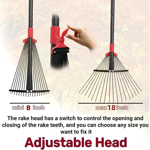 Miniatura 2 de Rastrillo de 76 pulgadas para hojas, 18 dientes de metal ajustables con cabeza expandible, rastrillos de jardín para césped, rastrillo de metal