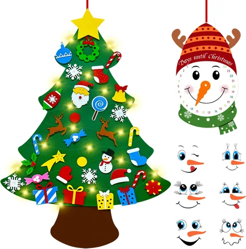 Miniatura 12 de EMPOF Árbol de Navidad de fieltro para niños pequeños - Juego de árbol de fieltro de bricolaje de 1 m con luces de copos de nieve + 32 adornos, Luz
