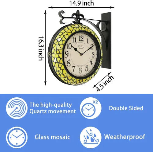 Miniatura 2 de BESTIME 66298 Reloj de pared de doble cara con vidrieras. Esfera: 10 pulgadas, silencioso, fácil de leer, estación retro, relojes colgantes antiguos