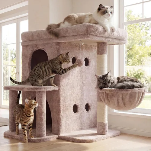Miniatura 10 de Heybly Árbol para gatos, torre para gatos de 25.6 pulgadas con amplia percha superior para gatos grandes, muebles de casa para gatos estilo escalera