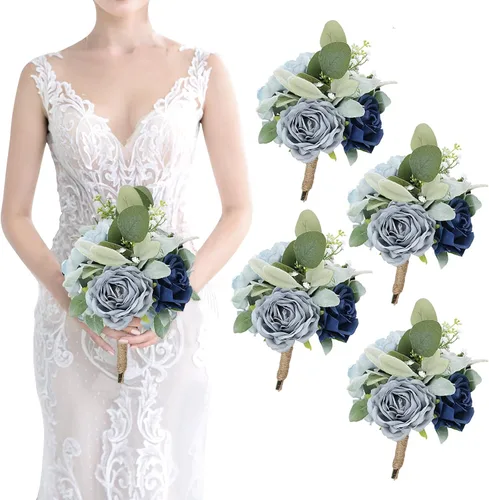 Miniatura 23 de Ramos de dama de honor para boda, juego de 6 ramos de flores artificiales para decoración de otoño, boda, propuesta de matrimonio, fiesta, Naranja