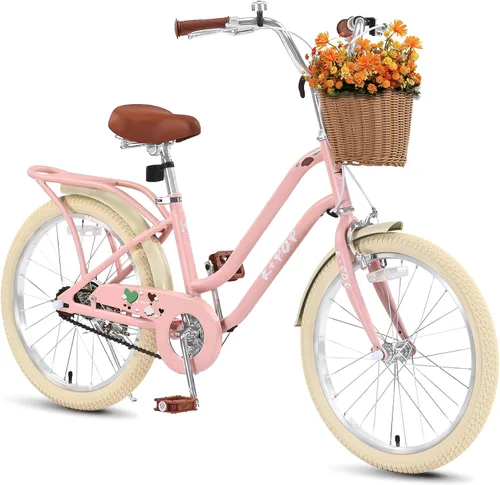 Miniatura 11 de Bicicleta de 20 pulgadas para niñas con canasta, bicicleta para niños de 7 a 12 años, bicicleta de crucero de playa verde y rosa para niñas, frenos