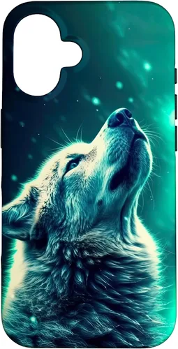 Howling Wolf in Night Green Northern Lights Wolves Dog Lover Case for iPhone 16
