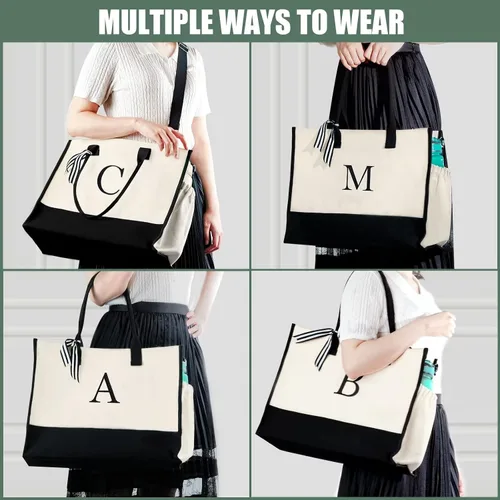 Miniatura 2 de Bolsa de Lona con Inicial - Bolsas de Compras Reutilizables, Canasta de Regalos de Cumpleaños para Damas de Honor, Amigas y Maestras for