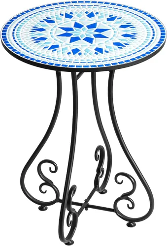 Miniatura 13 de Mesa auxiliar lateral redonda de 14 pulgadas para exteriores, mesa auxiliar de acento con trabajo de metal en espiral con superficie de azulejos