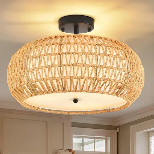 Miniatura 9 de ZECOXOL Lámpara de Techo de Ratán Moderna Bohemia Chandelier de Montaje Empotrado Luz de Techo de 3 Luces 12.99", Lámparas de Luz de Mimbre Tejido