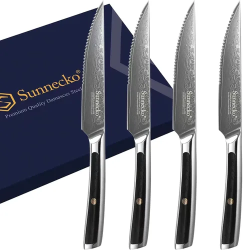Miniatura 9 de Sunnecko Cuchillo para Carne de Cocina de 5 Pulgadas, Cuchillo para Carne de Damasco VG-10, Acero Japonés, Cuchillos de Carne No Dentados de Espiga