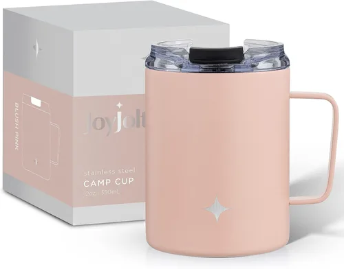 JoyJolt Vaso de triple aislamiento con asa. Vaso de 12 onzas con tapa. Sellado al vacío, forrado de cobre, vasos de acero inoxidable de doble pared.