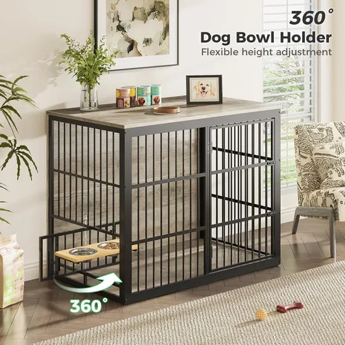 Miniatura 2 de Lyromix Mueble de jaula para perros XXL de 48 pulgadas con alimentador giratorio, mesa auxiliar de madera grande, jaula de interior resistente