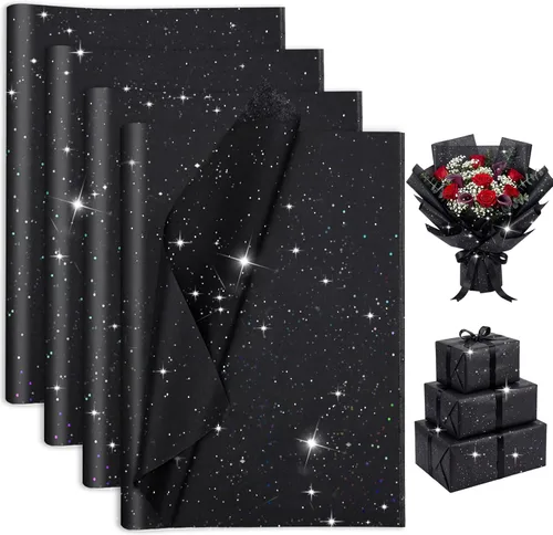 woric 135 hojas de papel de seda negro para bolsas de regalo de 20 x 14 pulgadas, papel de seda con purpurina a granel con brillo para envoltura de