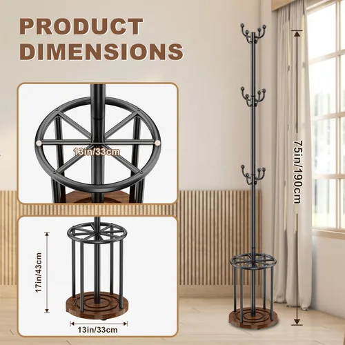 Miniatura 2 de Perchero independiente con soporte para paraguas, perchero con 12 ganchos para ropa, bolsos, sombreros, perchero, árbol, perchero, sombrero, Marrón