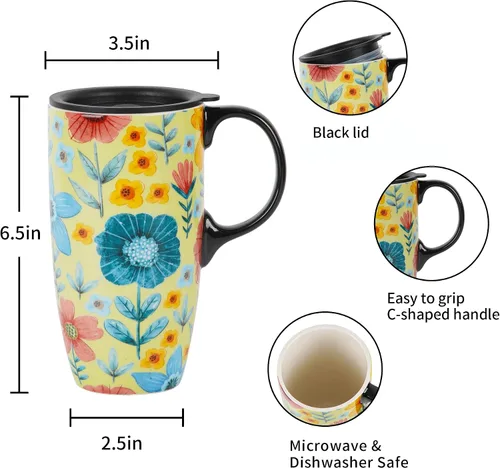 Miniatura 9 de DUSVALLY Taza de Café de Cerámica Taza de Viaje Regalo con Tapa 17oz, Taza de Té con Asa para Latte, Capuchino y Cacao, Tazas de Café de Porcelana