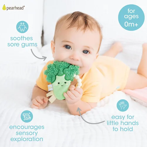 Miniatura 2 de Pearhead Broccoli - Mordedor para bebé, juguete sensorial de felpa suave con anillo de cuentas de silicona sin BPA y sonido arrugado, alivia