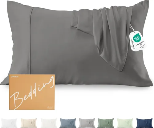 Miniatura 18 de GOKOTTA Juego de 2 fundas de almohada suaves tamaño King, lujosas fundas de almohada refrescantes de seda para durmientes calientes, 100% rayón Gris