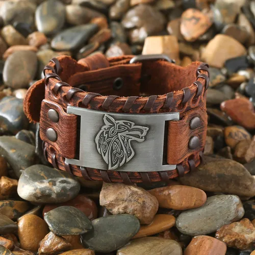 Miniatura 5 de HAQUIL Pulsera vikinga wicca egipcia negra marrón ancha de cuero pulsera antigua medieval joyería regalo para hombres