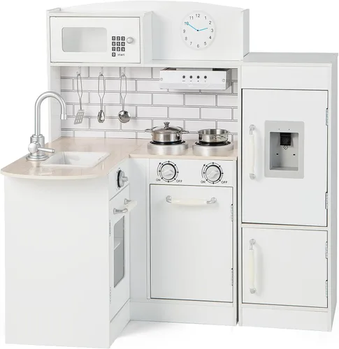 OLAKIDS Juego de cocina de esquina para niños, cocina de madera para niños pequeños con sonido, horno microondas, estufa, refrigerador, dispensador