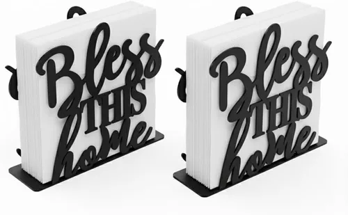 2Pack Bless This Home Napkin Holder for Table, Modern Metal Black Napkin Holders for Kitchen Dining Tables & Countertops, Paper Cocktail Napkins