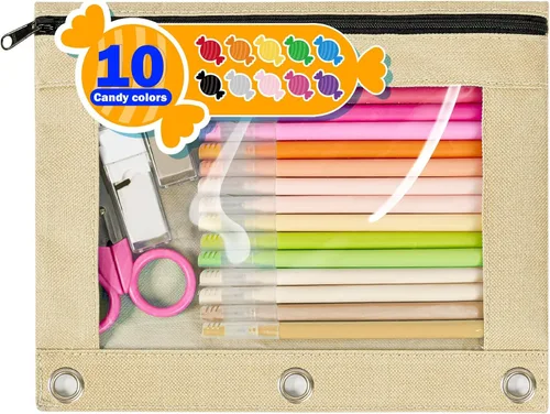 Miniatura 11 de Forvencer Estuche para lápices de 3 anillas, estuche transparente con cremallera suave, bolsa de lápices de gran capacidad con 3 ojales reforzados