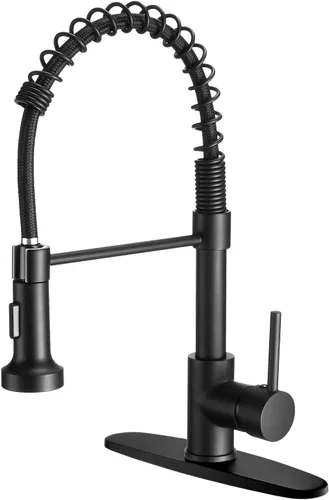 Grifo de cocina negro con rociador extraíble de acero inoxidable de una sola manija, grifos de fregadero de resorte de 1 agujero o 3 agujeros,
