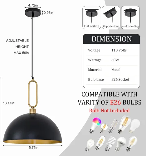 Miniatura 2 de Luces Colgantes de Cúpula de 15.75 Pulgadas, Luz de Metal Negro Dorado para Comedor, Accesorios de Iluminación de Candelabro Colgante Grande Moderno