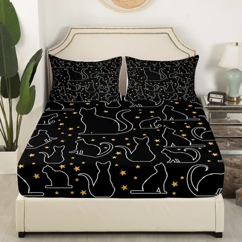 Miniatura 3 de Juego de ropa de cama de dibujos animados de gatos, tamaño individual, sábana bajera ajustable de lindos animales para el dormitorio de niños