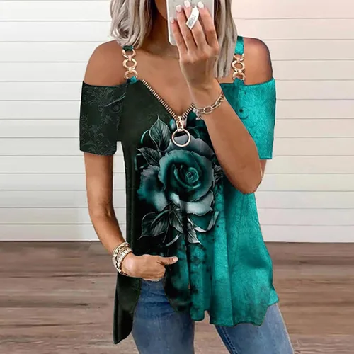 Miniatura 2 de Women's Plus Size Tops Sexy Casual Strap Cold Shoulder Shirts Loose Fit Zipper V Neck Tunics Blouse