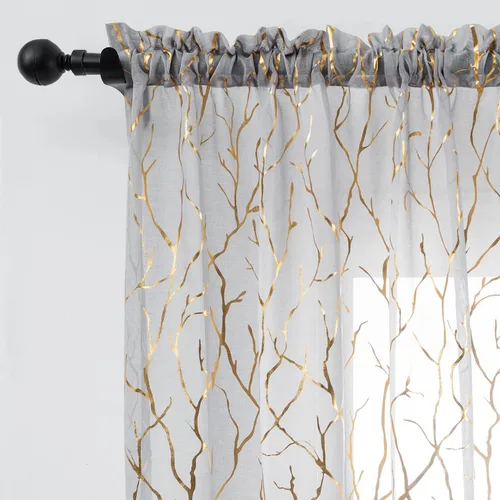 Miniatura 11 de FINECITY - Cortinas de plata traslúcidas de 45 pulgadas de largo - Cortinas impresas de ramas de árbol plateadas metálicas para ventana de cocina