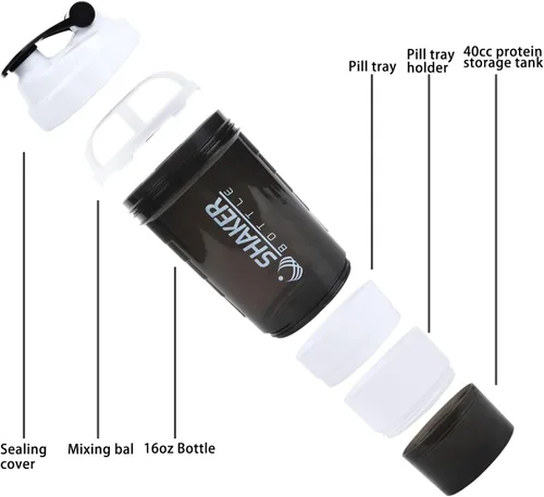Miniatura 2 de Botella agitadora - Taza agitadora de proteínas con compartimentos de almacenamiento - Botellas de batido para entrenamiento a prueba de fugas