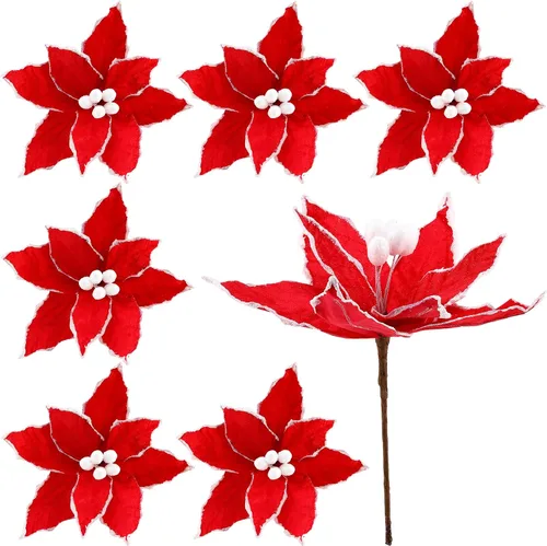 Miniatura 10 de Zeyune 6 Piezas Flores de Pascua Azules de Navidad Artificiales Grandes Espinas de Pascua Falsas Flores de Franela con Borde Helado para Adornos
